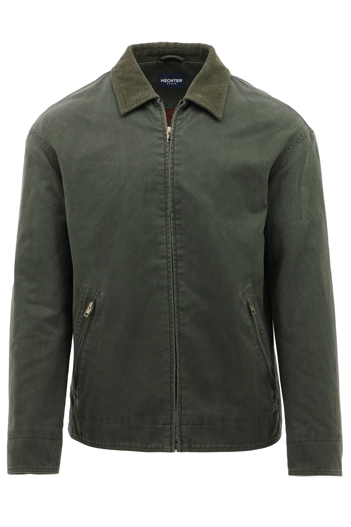 The Hechter Dinan Jacket in dark green features a zip-up front, corduroy collar, and two zippered pockets, shown against a plain white background.
