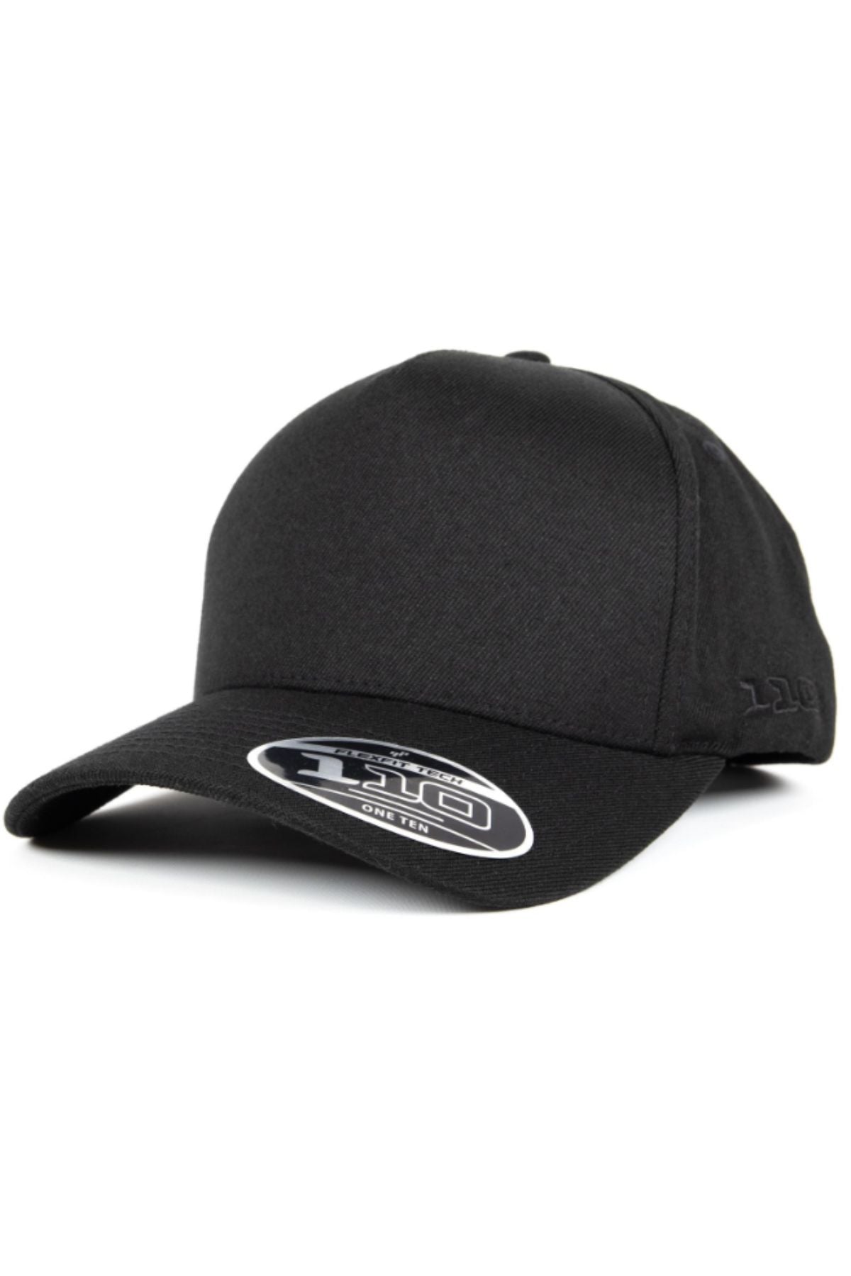 The FlexFit 110 A Frame Cap is plain black with a curved peak, a sticker on the brim, and subtle stitched logo details on the side.