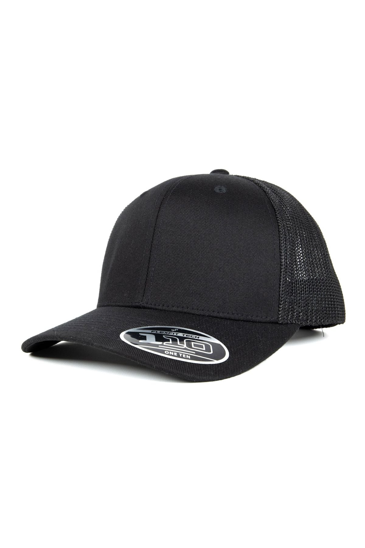 The FlexFit MT Mesh Trucker Cap, shown on a white background, features a plain black design with a curved brim, breathable mesh back panels, adjustable snapback closure, and visor sticker.