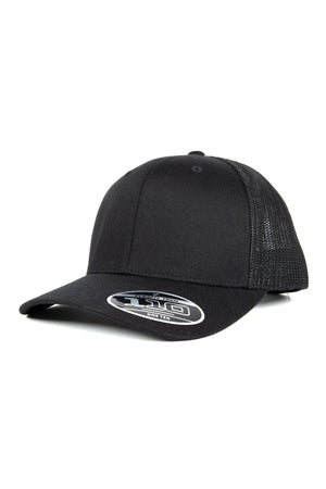 The FlexFit MT Mesh Trucker Cap, shown on a white background, features a plain black design with a curved brim, breathable mesh back panels, adjustable snapback closure, and visor sticker.