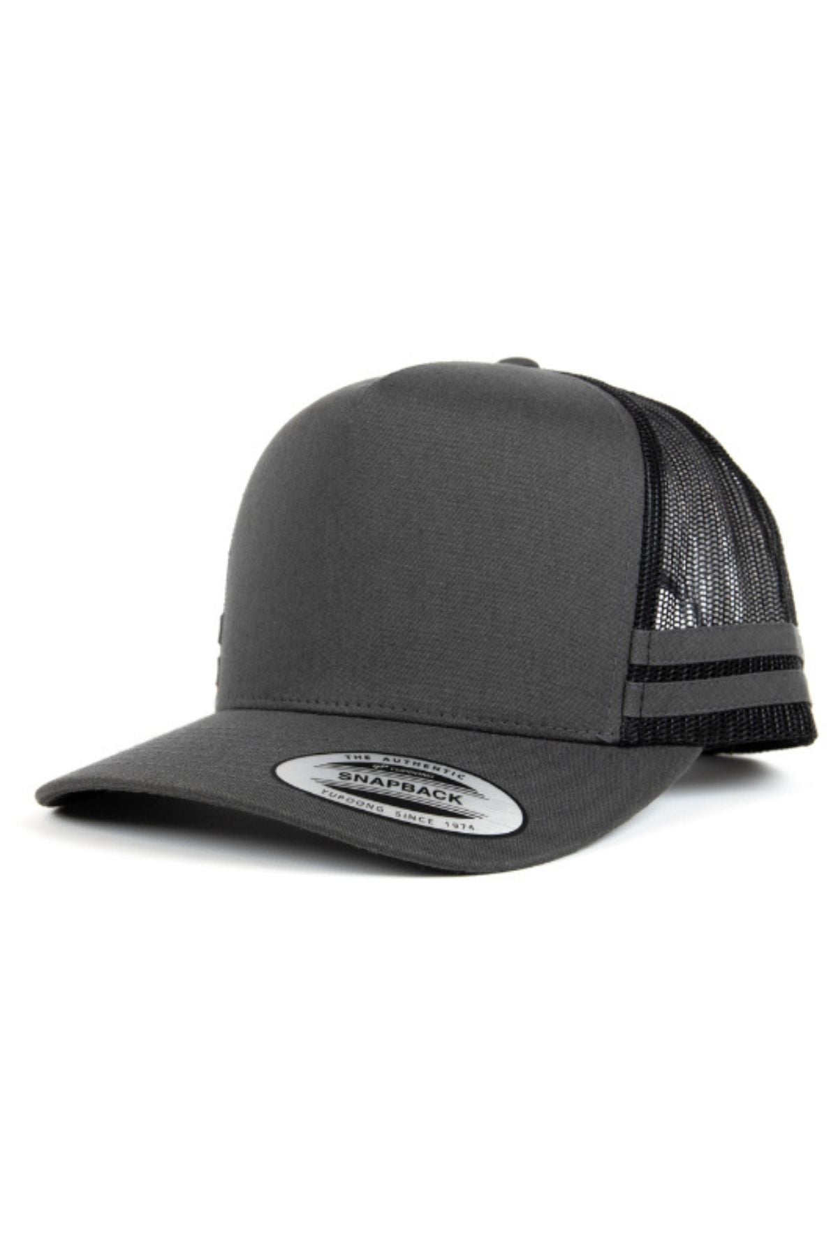 The FlexFit Stripe Cap is a dark gray snapback trucker hat with a curved bill, solid front, and black mesh back panels, displayed at an angle on a white background.