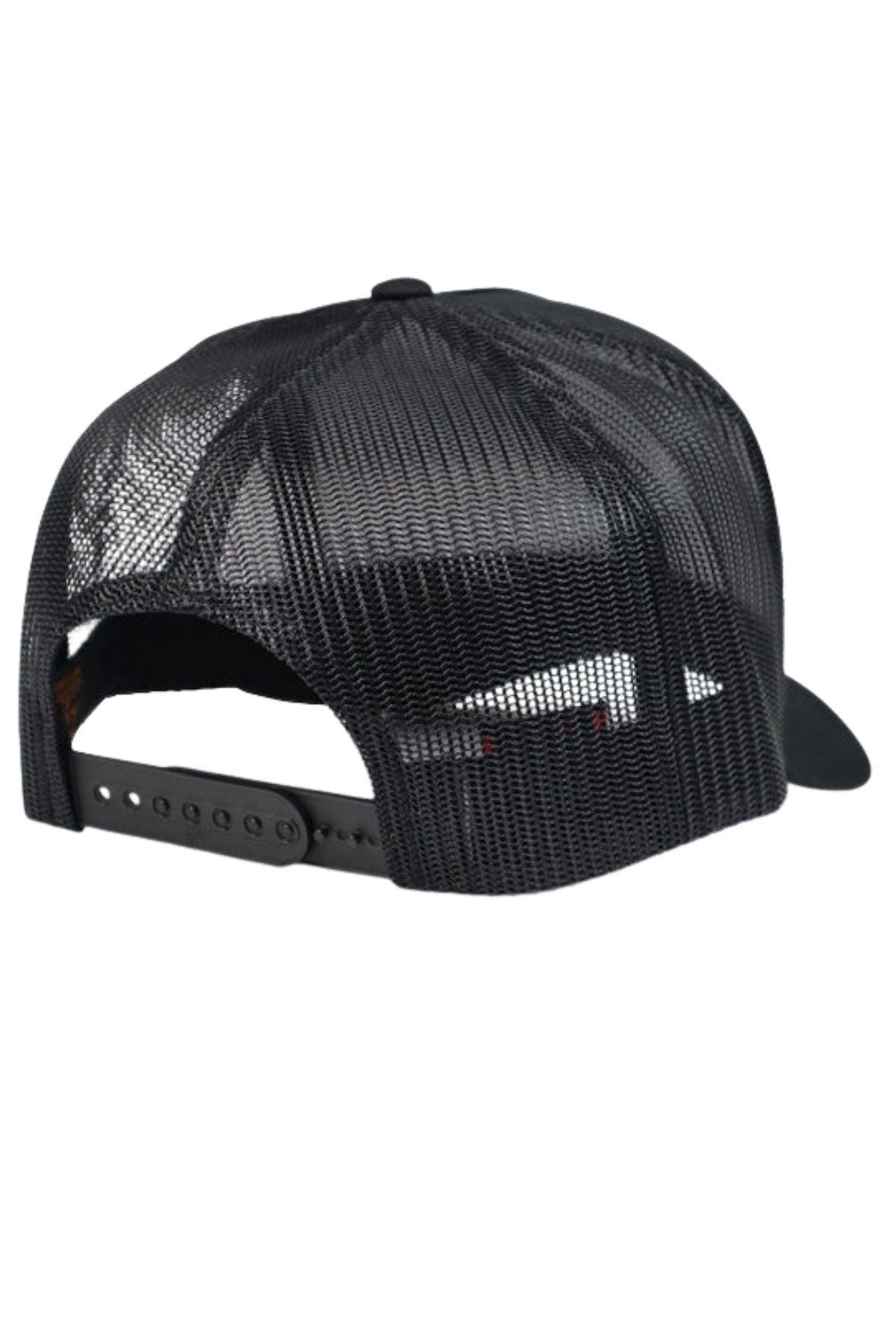 The FlexFit Trucker Cap in black is shown from the rear, highlighting its mesh back, adjustable snapback closure, and a curved brim visible on the right.