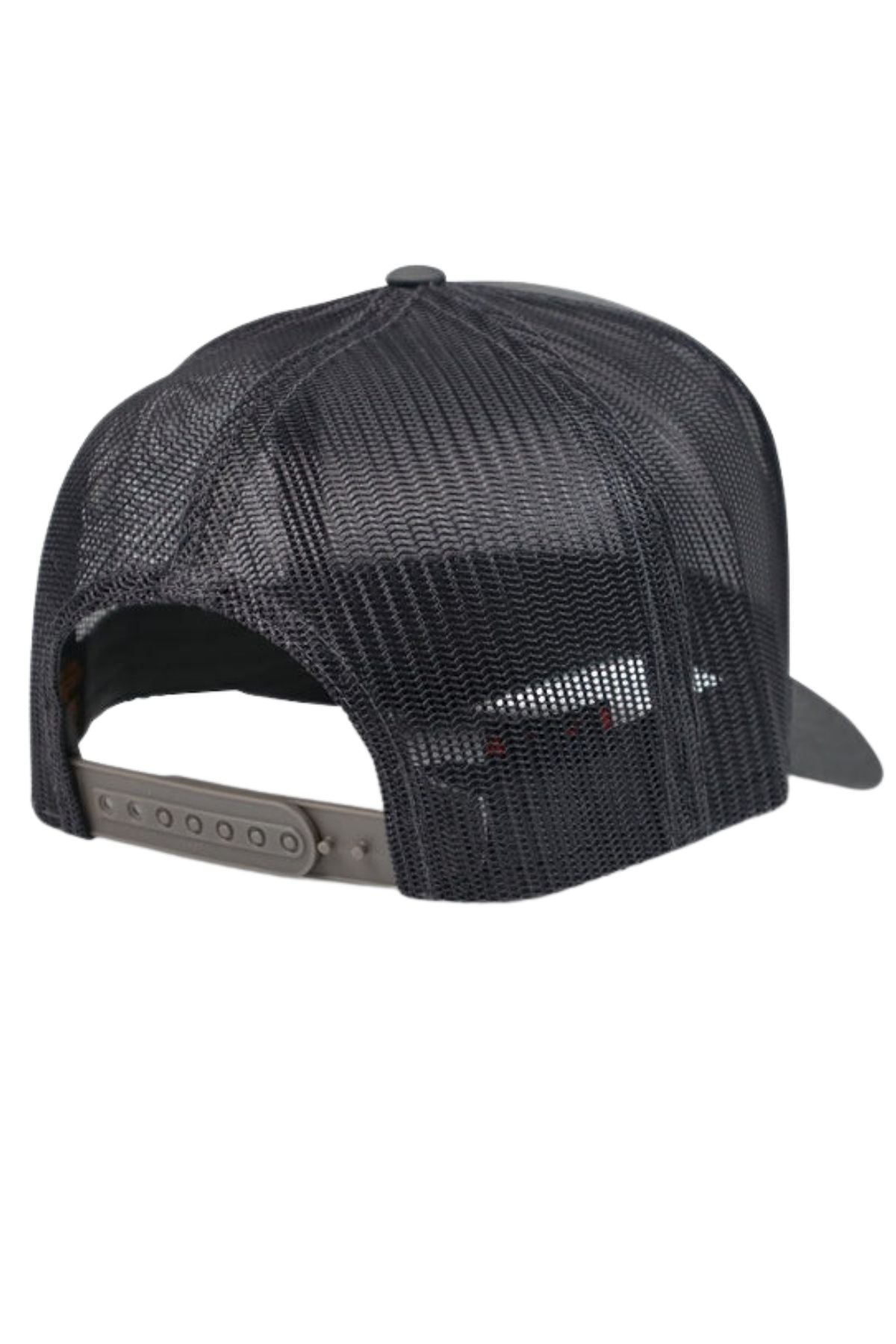 The FlexFit Trucker Cap, shown from the back, features a grey adjustable snap back closure, curved brim, and breathable mesh back for all-day comfort.