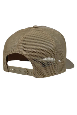 The FlexFit Trucker Cap, shown from the rear, features a tan color, mesh back, adjustable snap back closure, and a solid brim.