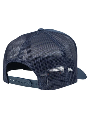 The FlexFit Trucker Cap in navy blue is shown from the back, highlighting its mesh back, adjustable snapback closure, and curved brim.