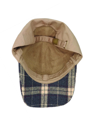 The Flinders Wool Blend Check Cap is displayed from above, showcasing its beige tone with a plaid design of blue and beige checks on the brim. Visible inside is an adjustable strap with a metal buckle. Its cozy fleece lining complements the stylish exterior against a plain white background.