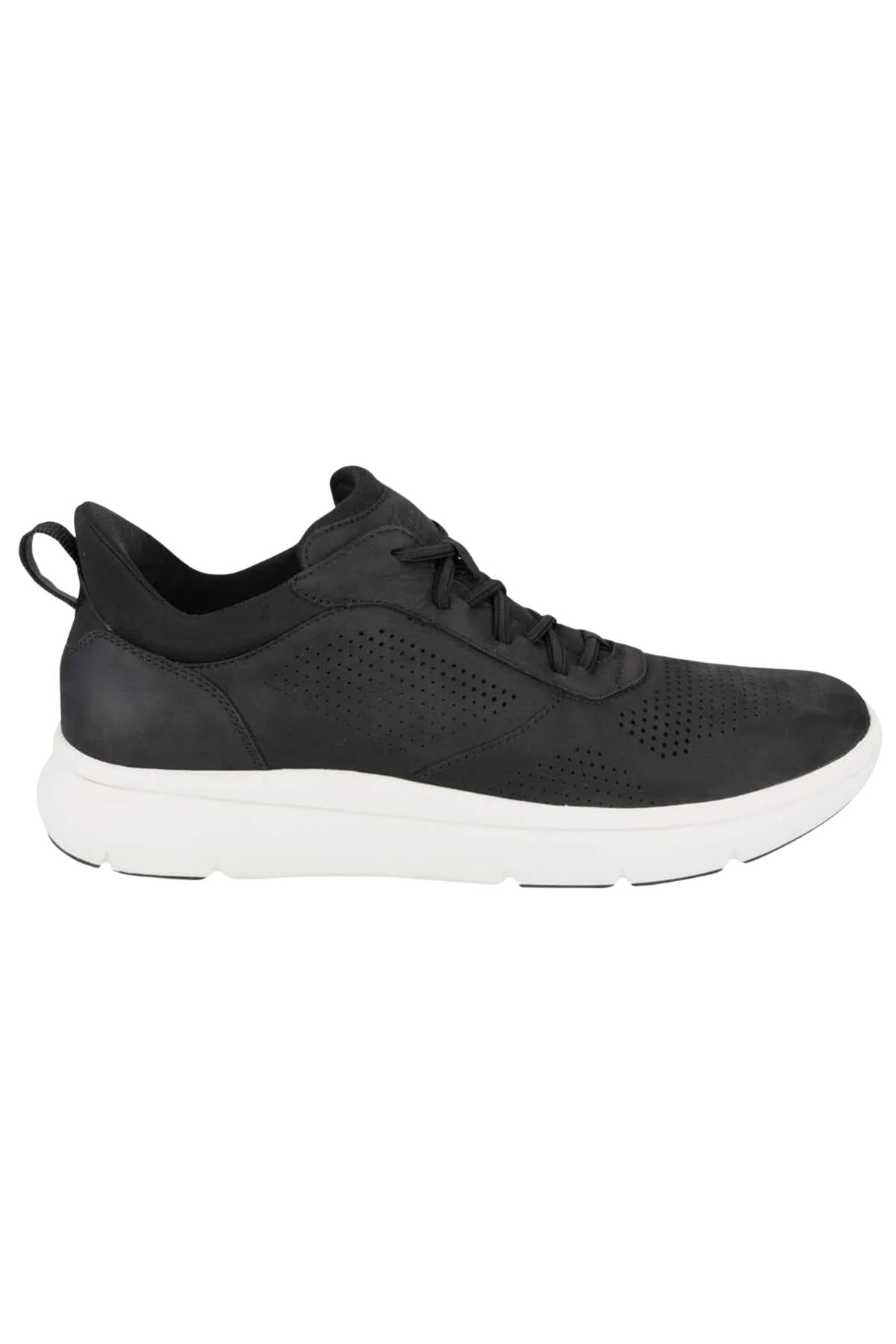 The Florsheim Fleet Perf Sneaker has a perforated design, black laces, and a thick white sole, all elevated by a Comfortech footbed for outstanding comfort.