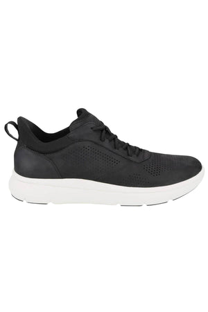 The Florsheim Fleet Perf Sneaker has a perforated design, black laces, and a thick white sole, all elevated by a Comfortech footbed for outstanding comfort.
