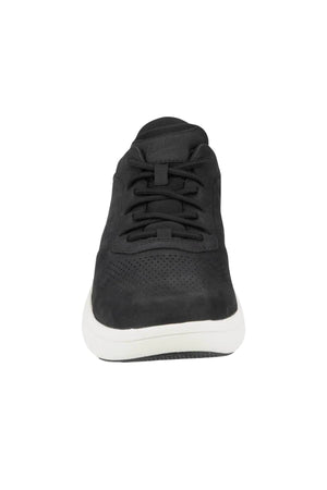 Front view of the Florsheim Fleet Perf Sneaker with black laces, SupaStep design, perforated toe details, white rubber sole, and Comfortech footbed for all-day comfort, shown on a white background.