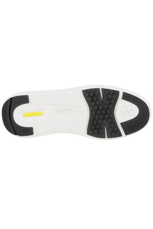 The Florsheim Fleet Perf Sneaker features a white sole with black tread at the toe and heel, a textured grip pattern in the center, and a yellow "Vibram" logo on the side, showcasing its SupaStep design.