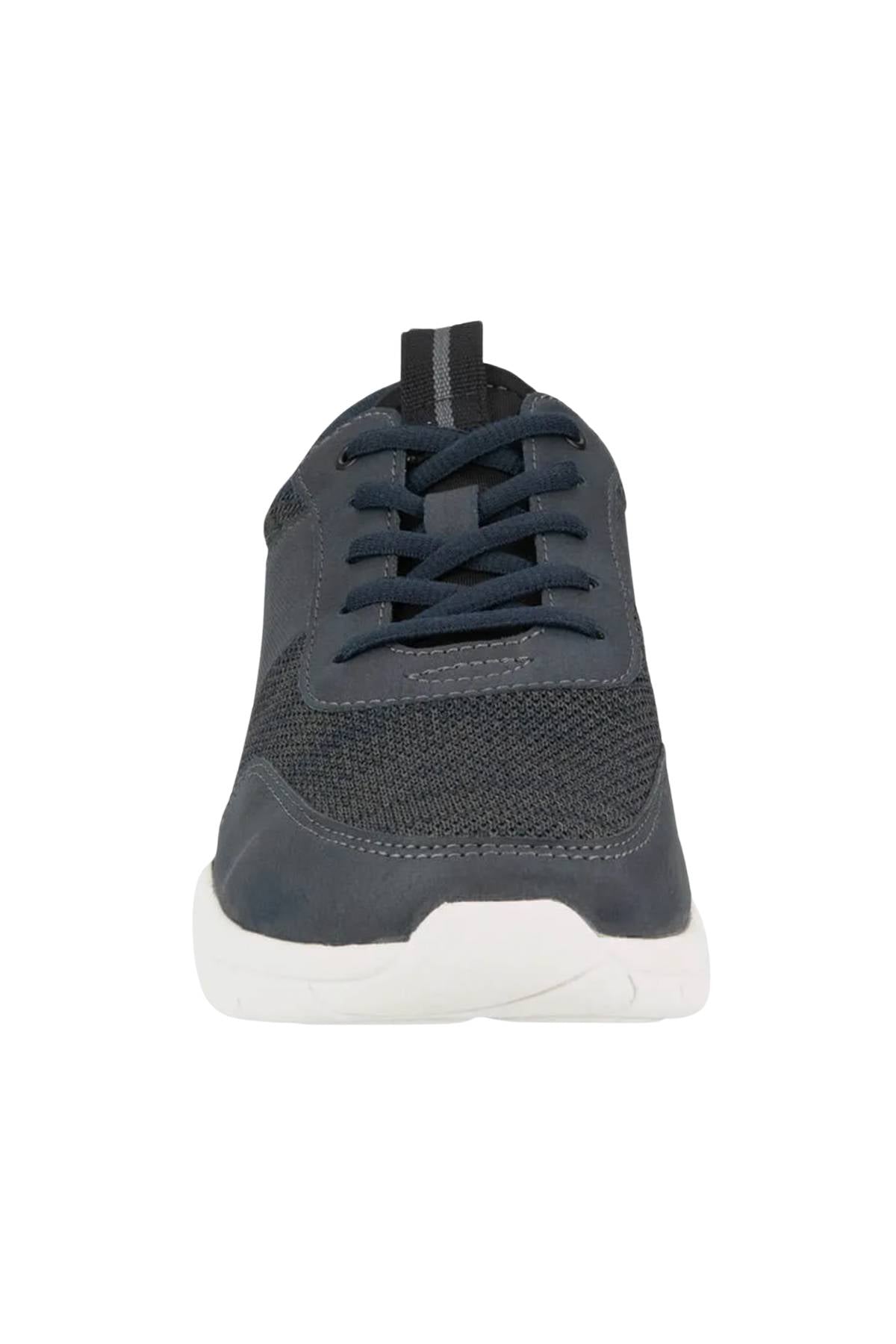 Front view of the Florsheim Kore City Pass Sneaker in dark gray with black laces, mesh toe box, and white rubber sole. Athletic shoe features an algae-based footbed for comfort, shown on a plain white background.