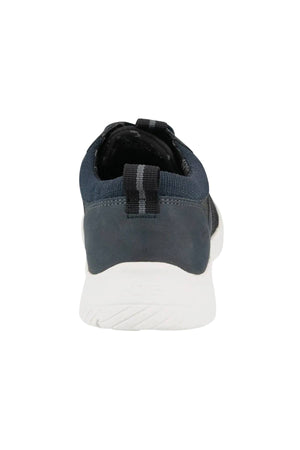Rear view of the Florsheim Kore City Pass Sneaker in dark blue with a white sole, black collar, black pull tab with two gray stripes, and an algae-based footbed, set against a white background.