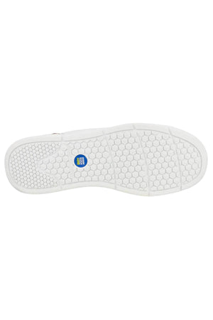 The Florsheim Kore Tour Lace Sneaker features a white, lightweight EVA sole with a hexagonal tread and a small blue and yellow circular label near the center, shown against a plain white background.