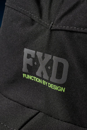 Close-up of the FXD CP-14 Boonie Hat’s black fabric, featuring "FXD" in large grey letters and "FUNCTION BY DESIGN" in smaller green print—perfect for sun protection during outdoor work.