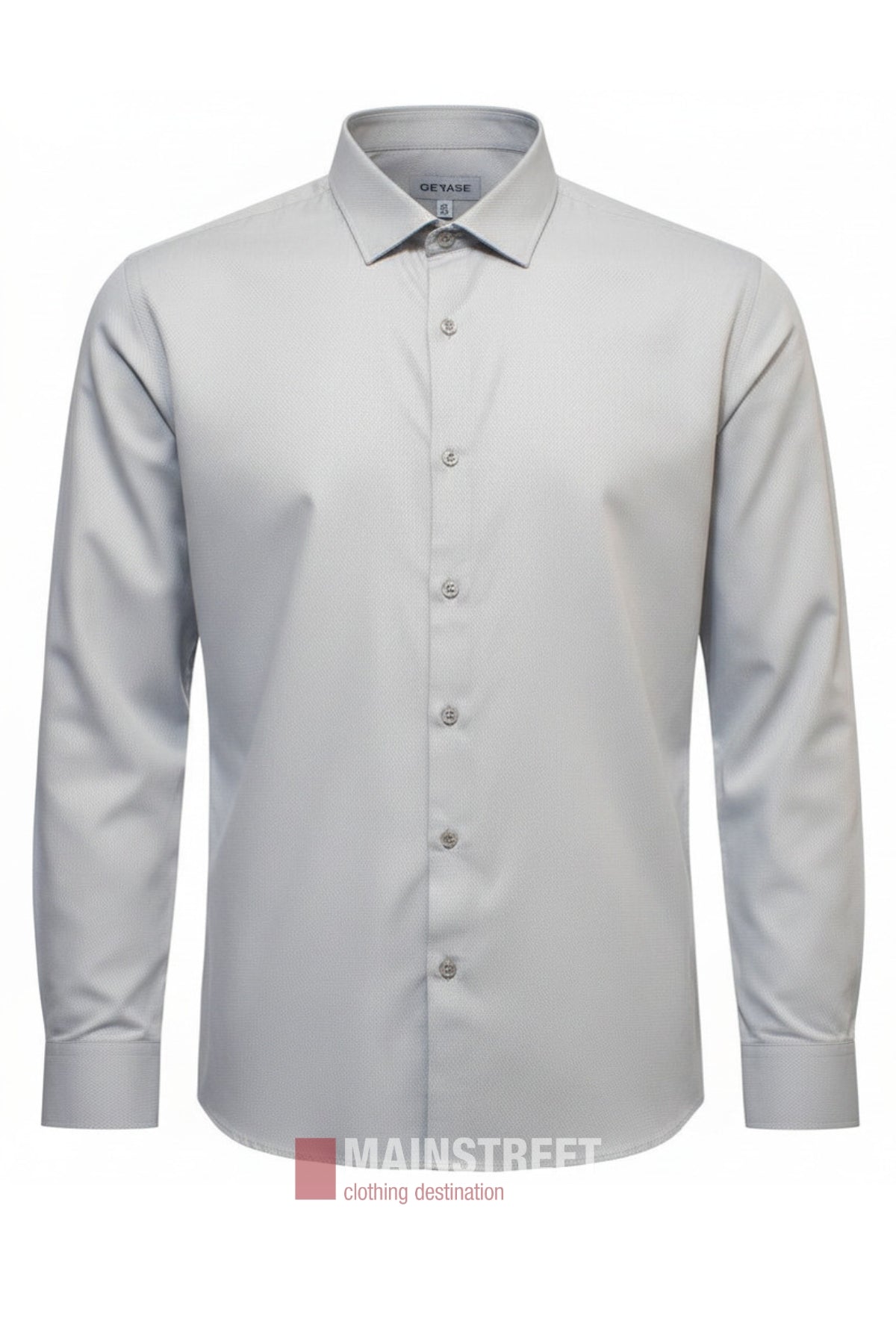 The Gerase Easy Care Dress Shirt is a light grey, body fit long sleeve shirt with a classic collar, made from soft bamboo fabric. Displayed on a plain white background with the "MAINSTREET clothing destination" logo at the bottom center.