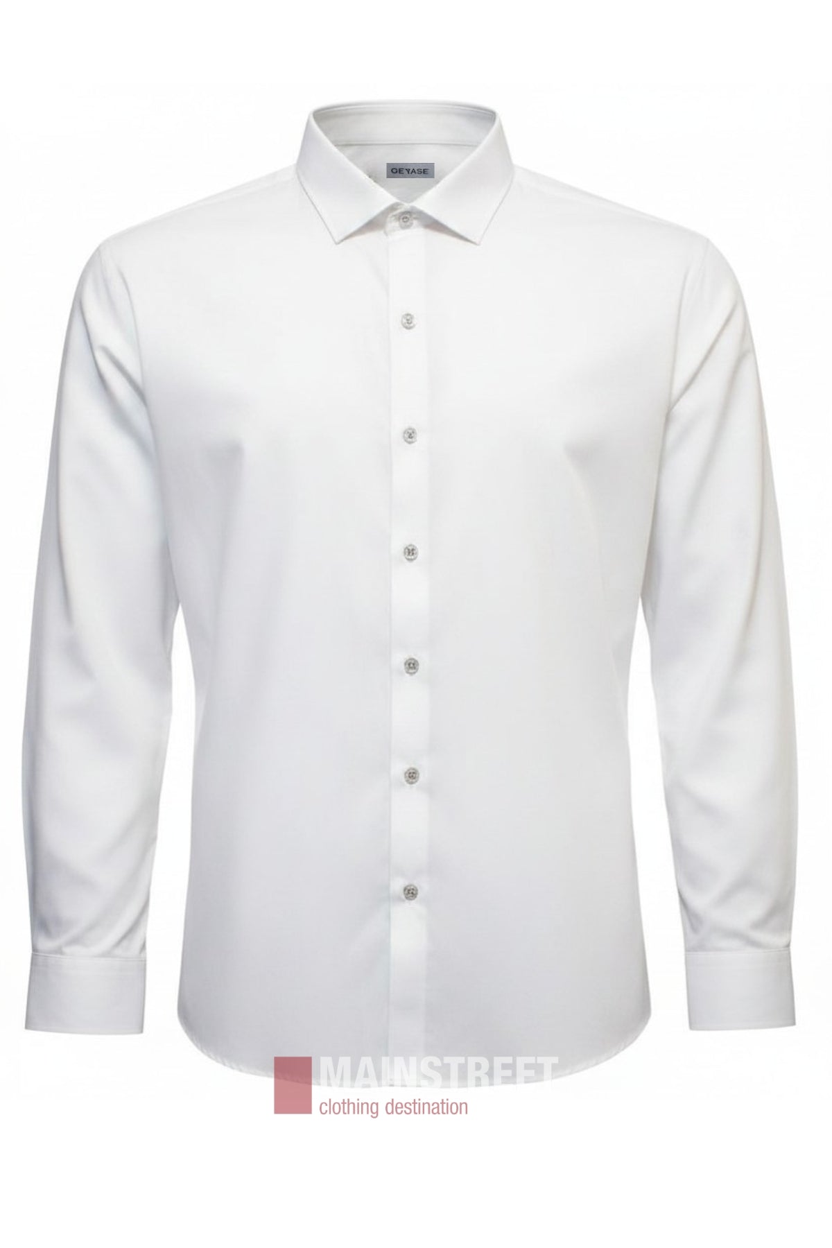 The Gerase Easy Care Dress Shirt, a crisp white long sleeve with a collar and button-down front, is displayed on a white background. This classic body fit shirt delivers style and comfort for any occasion.