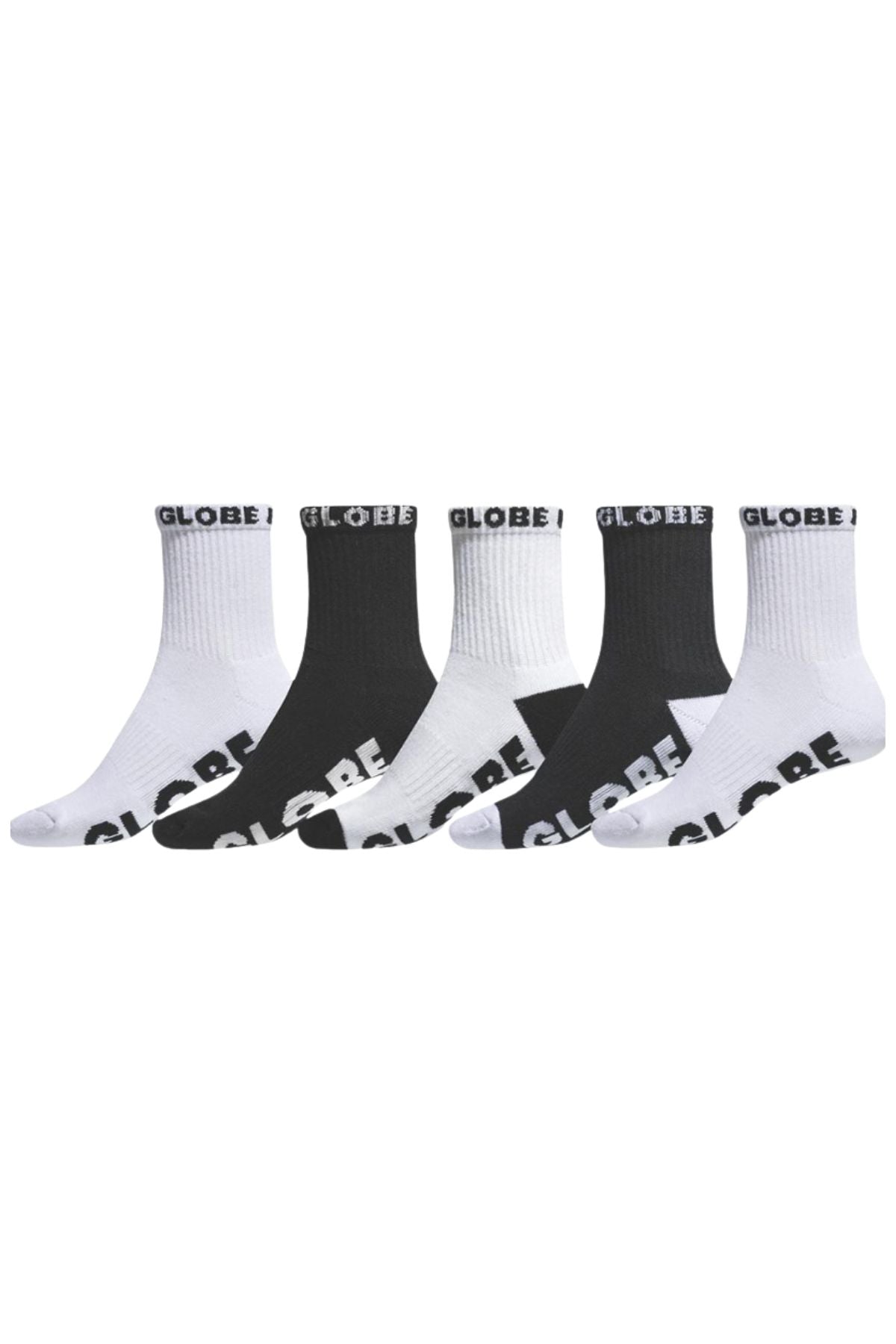 Introducing the Globe Quarter Sock 5 Pack: five pairs of durable quarter-length socks in alternating black and white, each featuring "GLOBE" boldly displayed on the cuff and foot—an ideal choice for action sports enthusiasts who value both comfort and style.