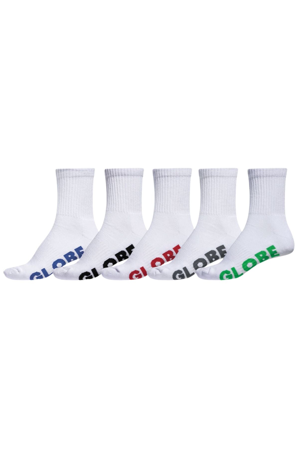 Five pairs from the Globe Stealth Crew Sock 5 Pack are arranged side by side on a white background. Each white sock features “GLOBE” written across the toes in blue, navy, red, black, and green. Designed with a ribbed ankle for a secure fit, these socks offer all-day comfort.