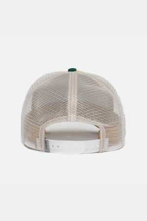 The back view of the Goorin Bros The Cock Cap shows a white mesh trucker design with a green top button and an adjustable white snapback closure for comfort.