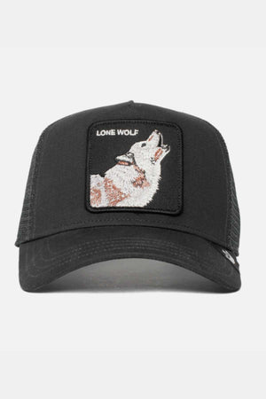 The Goorin Bros The Lone Wolf Cap is a black baseball cap with a stylish trucker design. It features an embroidered patch of a howling wolf and "LONE WOLF" text, mesh back, curved brim, and adjustable snapback for a perfect fit.