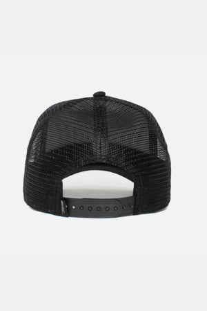 The rear view of a Goorin Bros The Lone Wolf Cap in black displays an adjustable snapback closure, rounded top, and open mesh design for great ventilation.