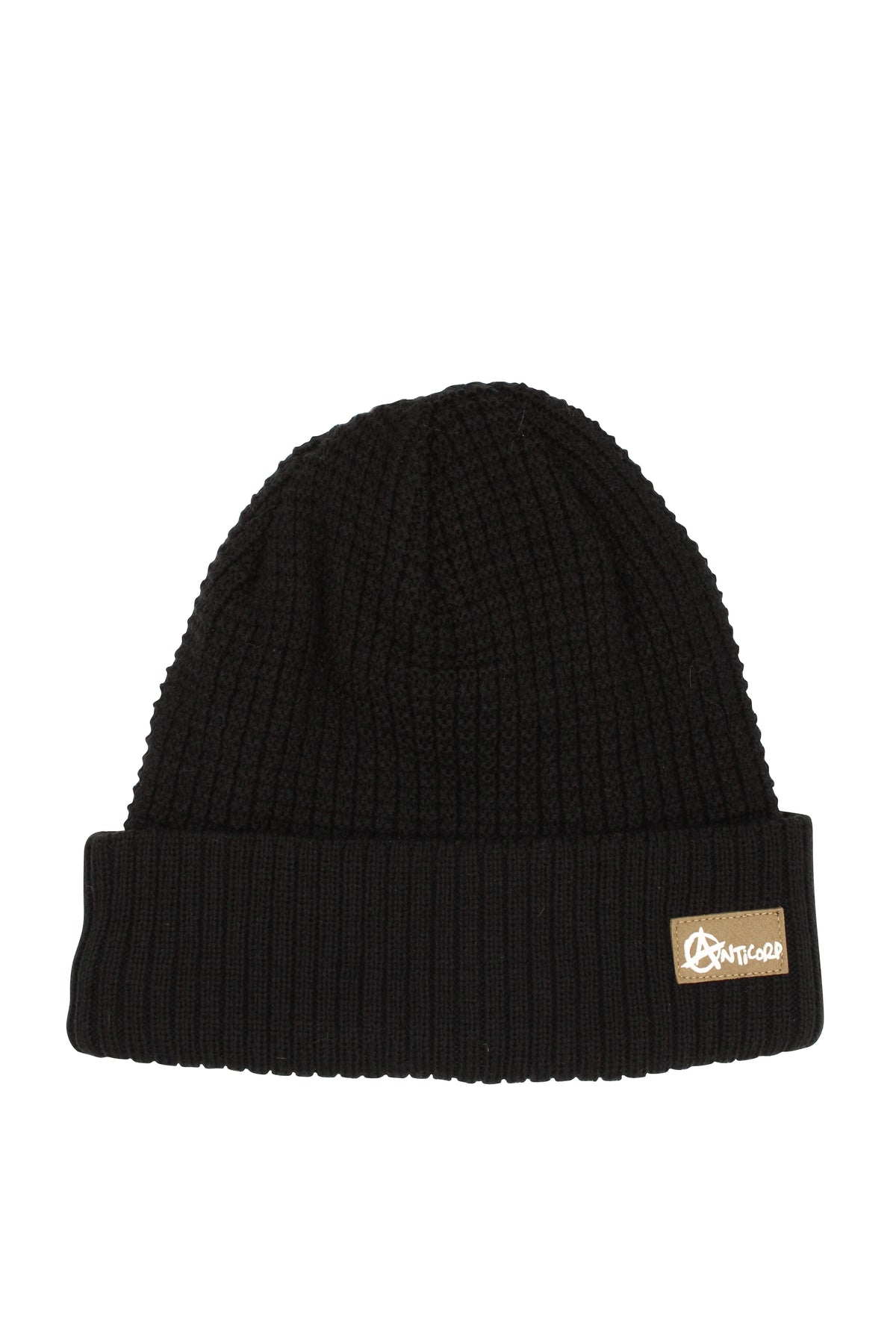 The Anticorp Grid Lined Beanie is a black ribbed knit acrylic beanie with a folded brim and a beige patch on the front, featuring the Anticorp white logo and text.