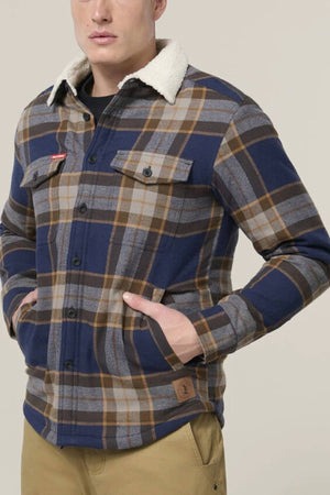A person wears the Hard Yakka Heritage Trucker Sherpa Jacket in blue, brown, and gray with a white sherpa collar, black buttons, and front pockets, paired with tan pants—a classic winter look against a plain background.