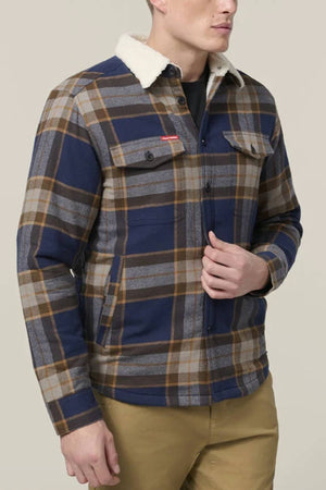 A man in a blue, brown, and gray plaid Hard Yakka Heritage Trucker Sherpa Jacket with a white sherpa collar and tan pants stands against a beige background—an ideal addition to any winter wardrobe.