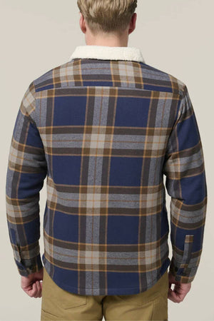 A person with short blond hair is seen from the back wearing a blue, gray, and brown plaid Hard Yakka Heritage Trucker Sherpa Jacket with a white collar and beige pants, standing against a plain light background—ideal for winter.