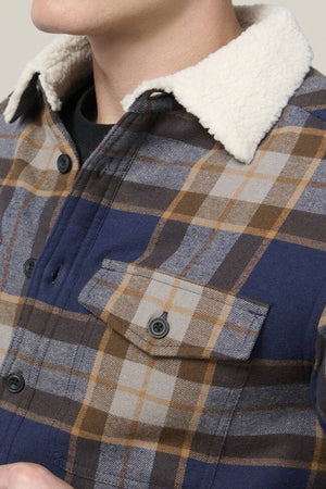 A close-up shows someone wearing the Hard Yakka Heritage Trucker Sherpa Jacket in blue, brown, and gray plaid with a white sherpa-lined collar and buttoned chest pocket. The face is partially out of frame—perfect for winter layering.