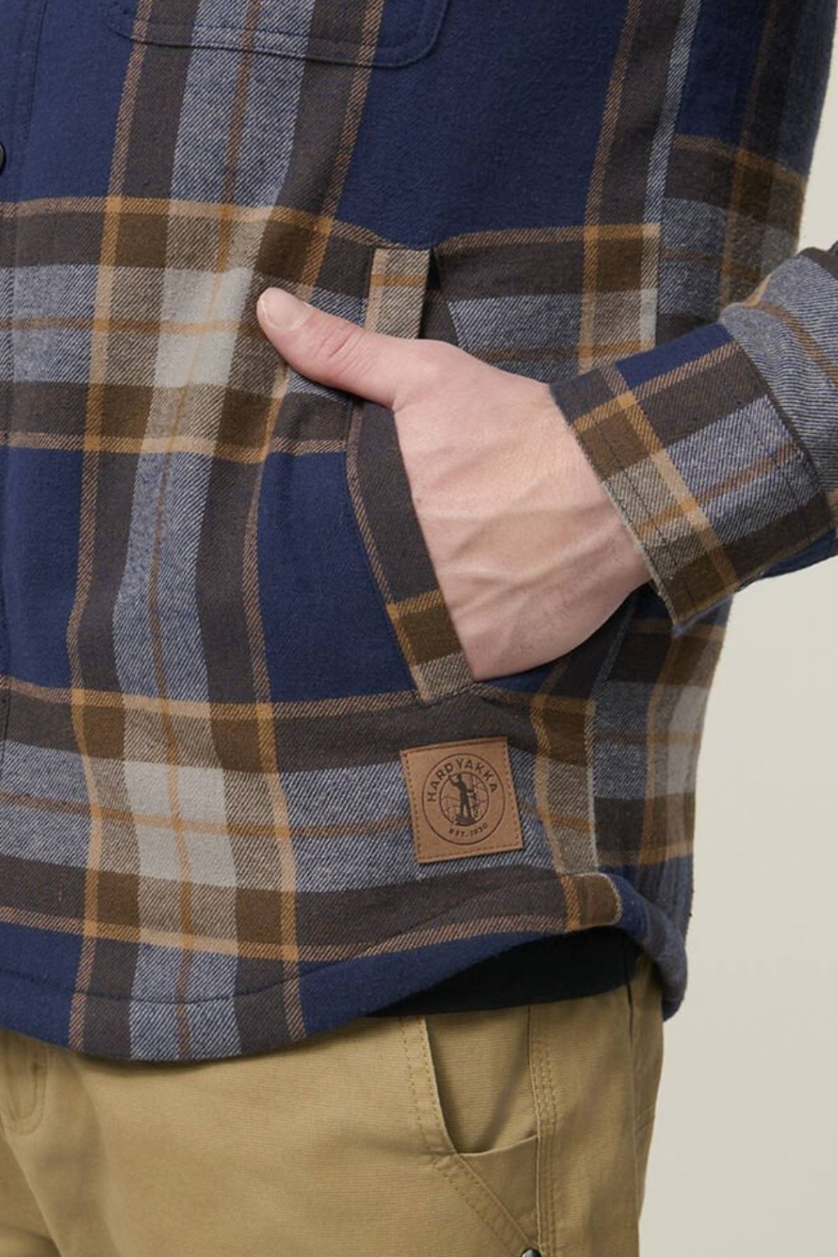 A person wears the Hard Yakka Heritage Trucker Sherpa Jacket—a blue, brown, and gray plaid jacket with a front pocket and brown woven label—paired with tan pants. Ideal for your winter wardrobe.