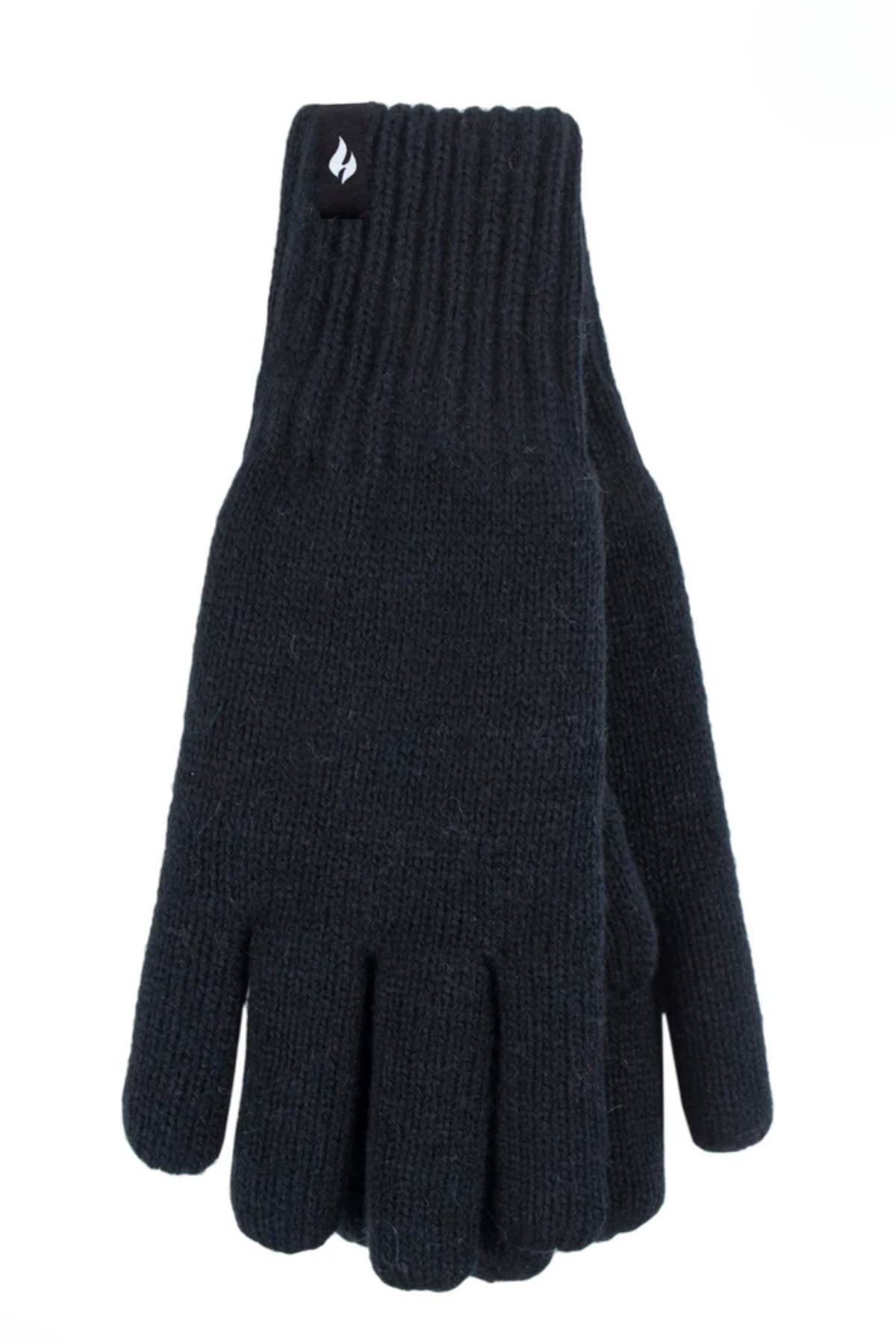 The Heat Holders Oslo Men's Thermal Gloves, black with ribbed cuffs and a small flame logo tag, are designed for superior warmth retention and are shown laid flat on a white background.