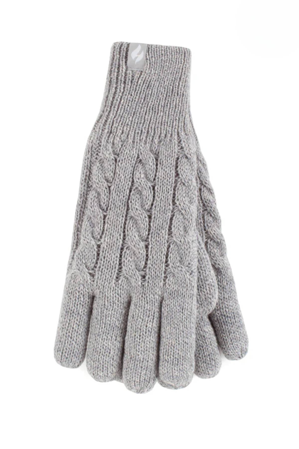 Heat Holders Willow Ladies Thermal Gloves in light gray feature a classic cable knit pattern and HeatWeaver insulation, making them perfect for outdoor activities.