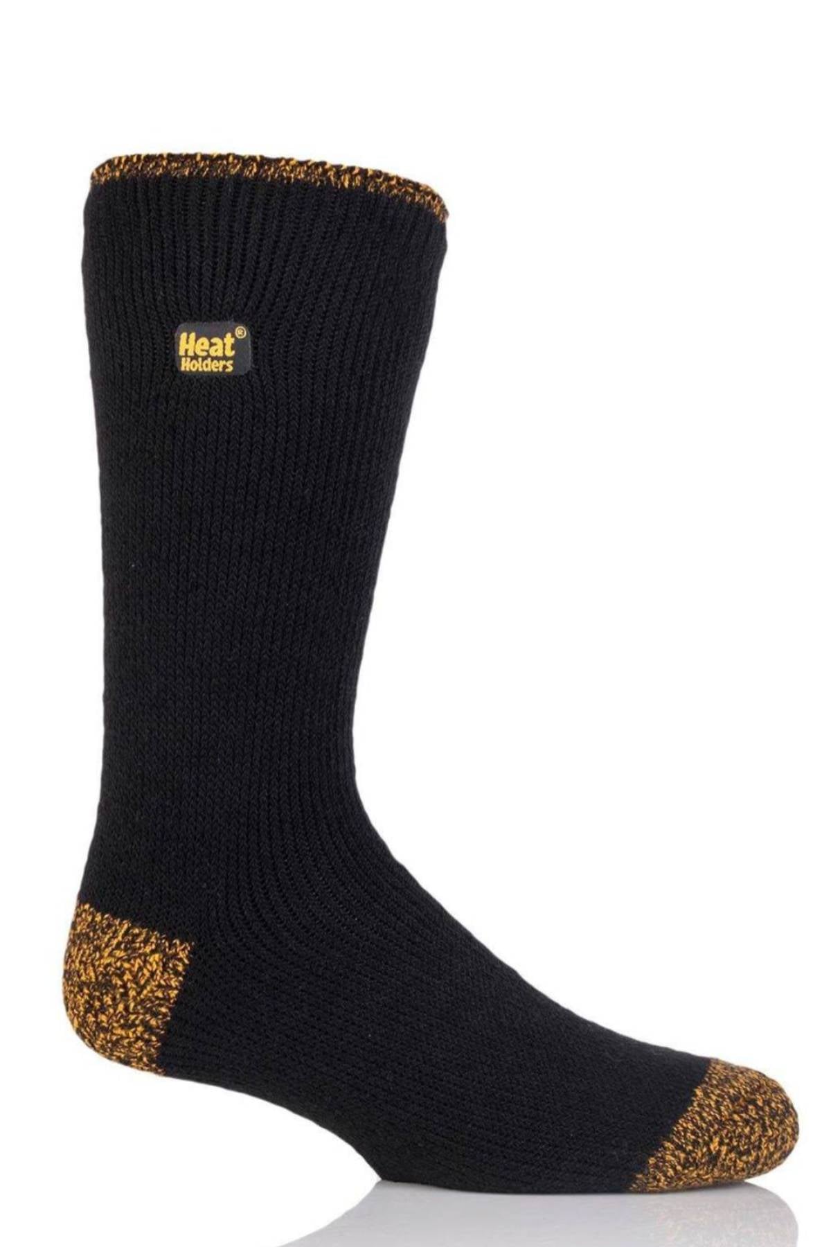 A single black Heat Holders WRK Original Work Sock, diabetic friendly, featuring yellow-orange speckled accents on the toe, heel, and top edge, displayed against a white background.