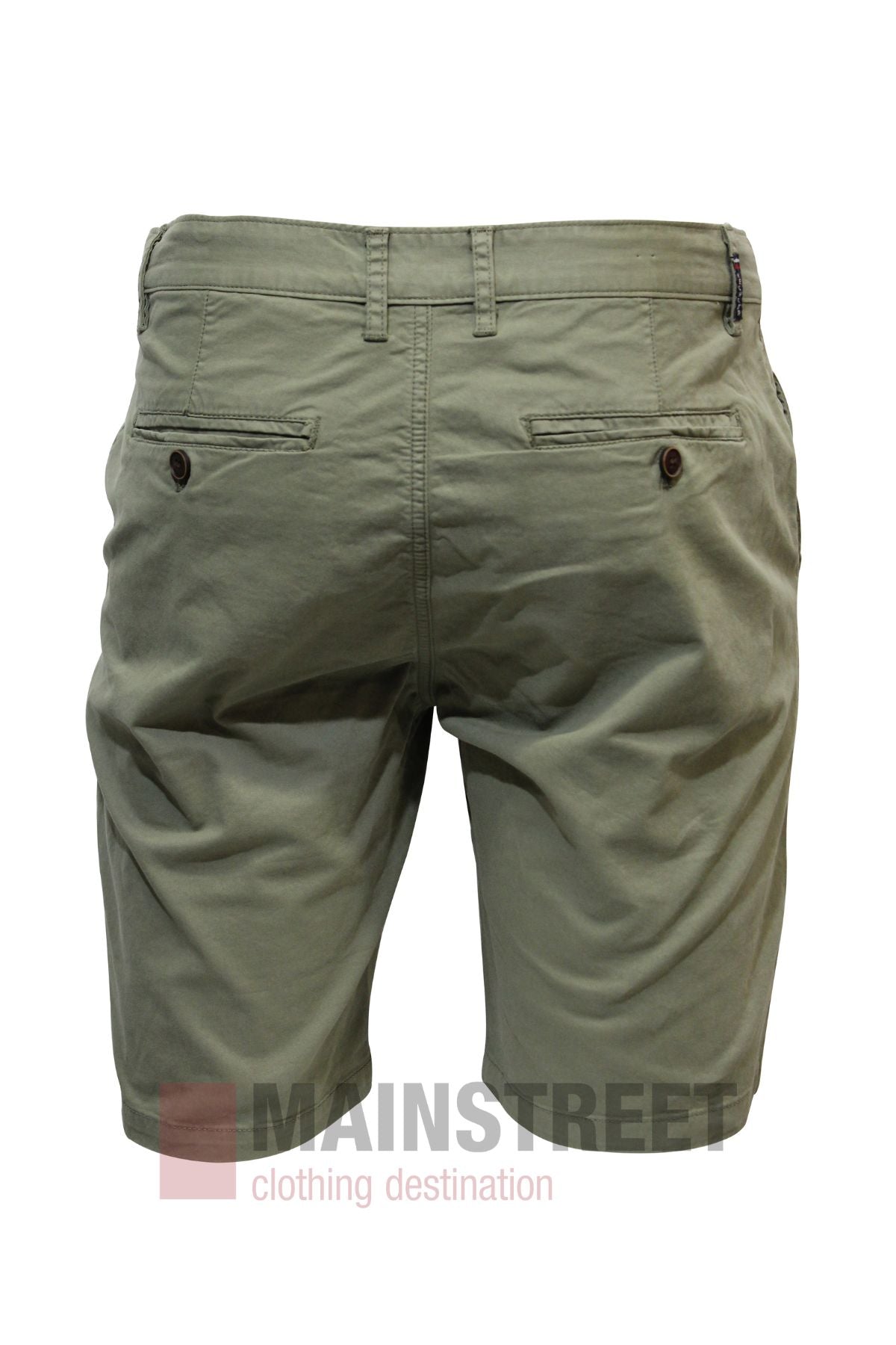 The Hechter Lucas Stretch Cotton Short in olive green features two buttoned back pockets, visible belt loops, simple stitching, and a comfortable fit. Made from stretch cotton fabric with the Mainstreet Clothing Destination logo at the bottom.