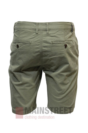 The Hechter Lucas Stretch Cotton Short in olive green features two buttoned back pockets, visible belt loops, simple stitching, and a comfortable fit. Made from stretch cotton fabric with the Mainstreet Clothing Destination logo at the bottom.