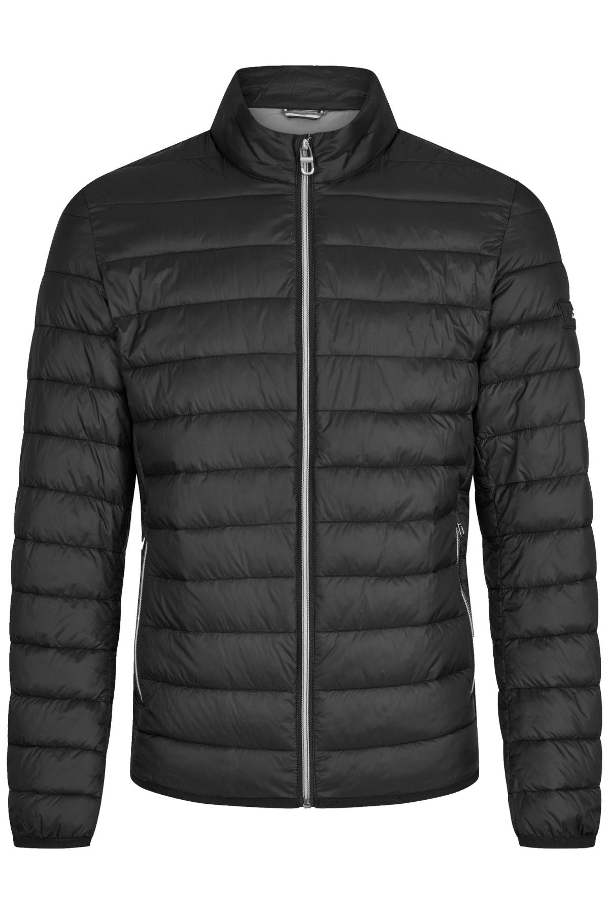 The Hechter Puffer Jacket in black features horizontal quilting, front zipper, elastic cuffs, two zip side pockets, a stand-up collar, and a subtle rubber logo patch, shown on a plain white background.