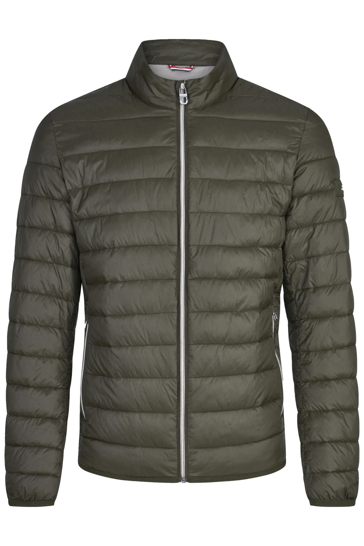 Front view of the Hechter Puffer Jacket in olive green, featuring a quilted design, zip-up closure, stand collar, side zipper pockets, and a discreet rubber logo patch.