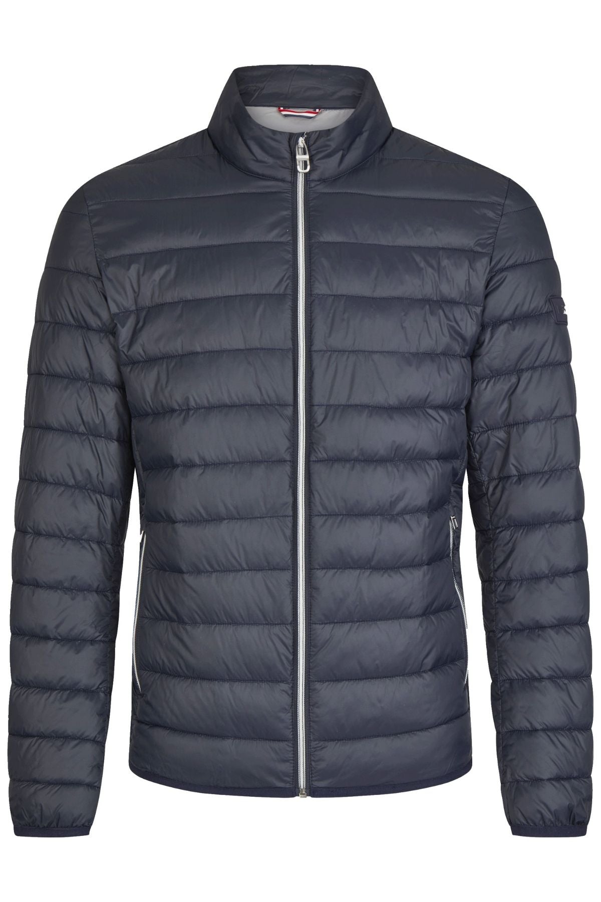 The Hechter Puffer Jacket features a dark blue quilted design with long sleeves, elastic cuffs, high collar, front zipper closure, horizontal stitching, and two zippered side pockets for convenience.