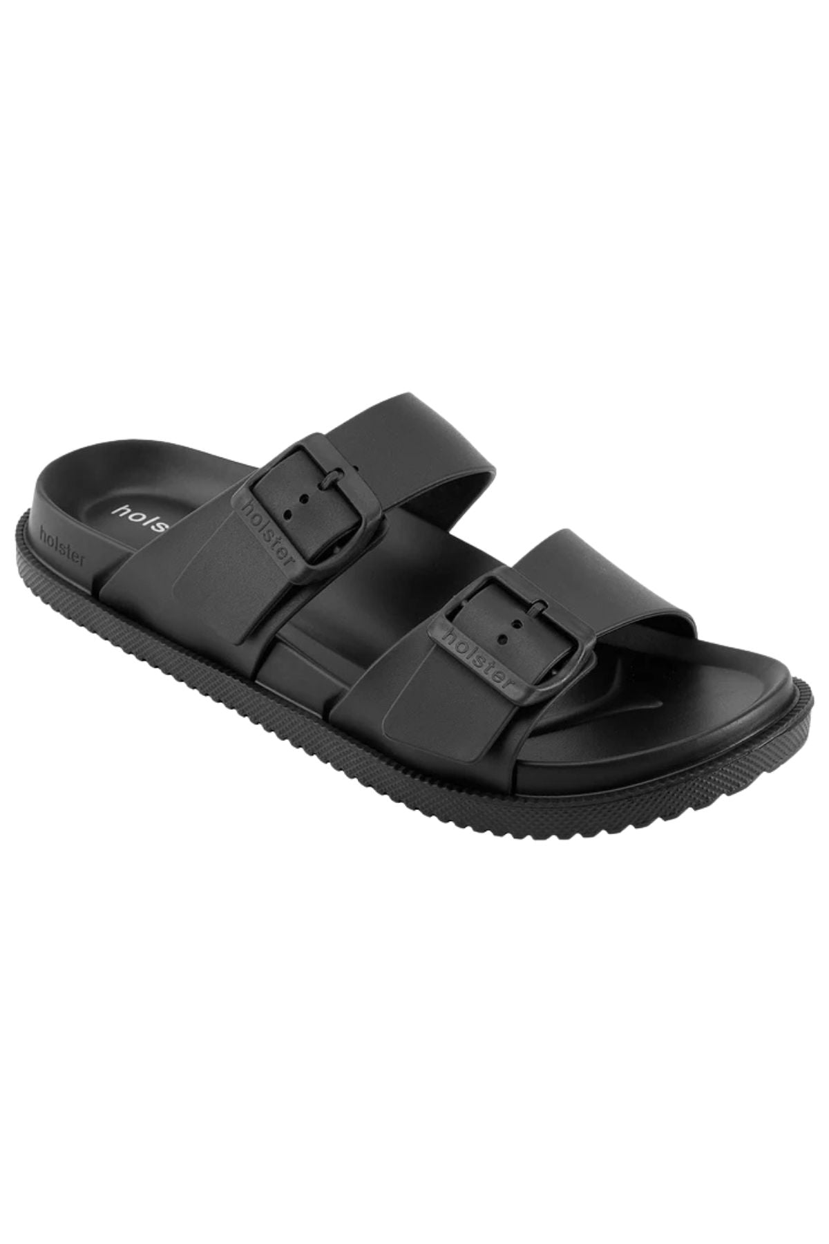 The Holster Soleseeker is a black vegan sandal with two adjustable buckles, a textured sole, and arch support, pictured at an angle against a white background.