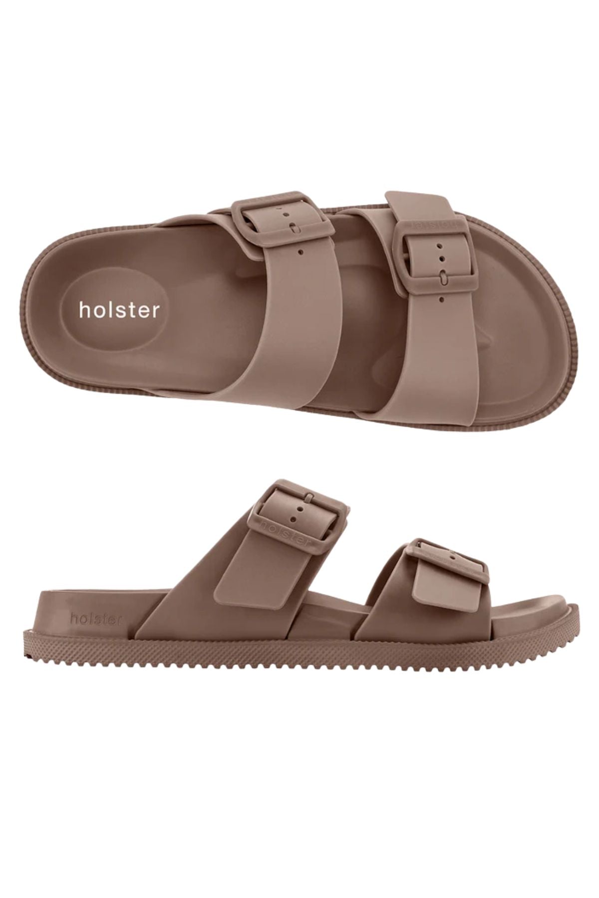 The Holster Soleseeker features taupe vegan slide sandals with two adjustable buckle straps and “holster” labeled on the insole, shown from top and side views.