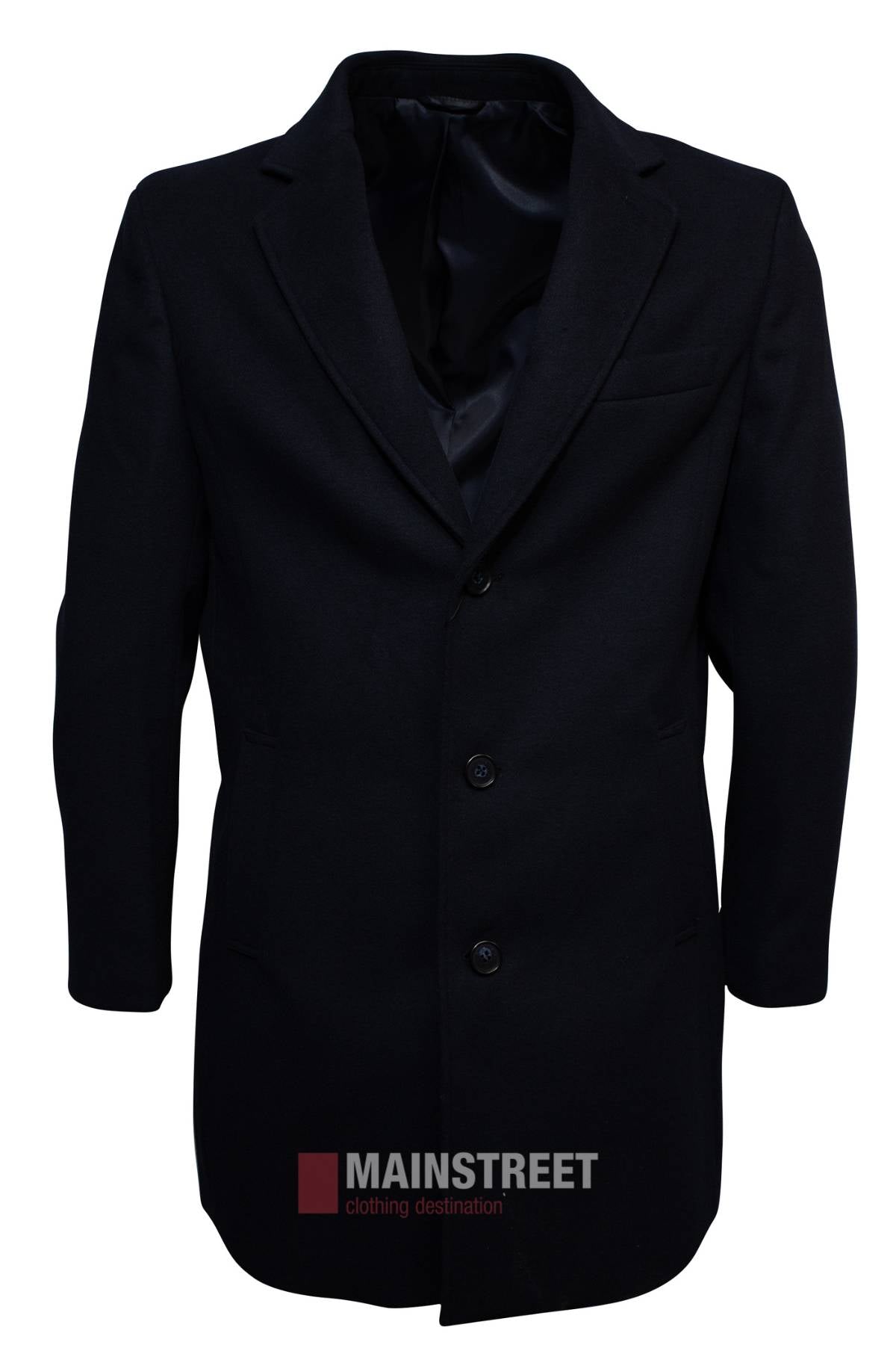 A black, long-sleeve Howard Hudson Overcoat with lapels is shown on a white background. The coat has a formal, modern fit with an unbuttoned front revealing a smooth lining. The "Mainstreet" logo appears at the bottom.