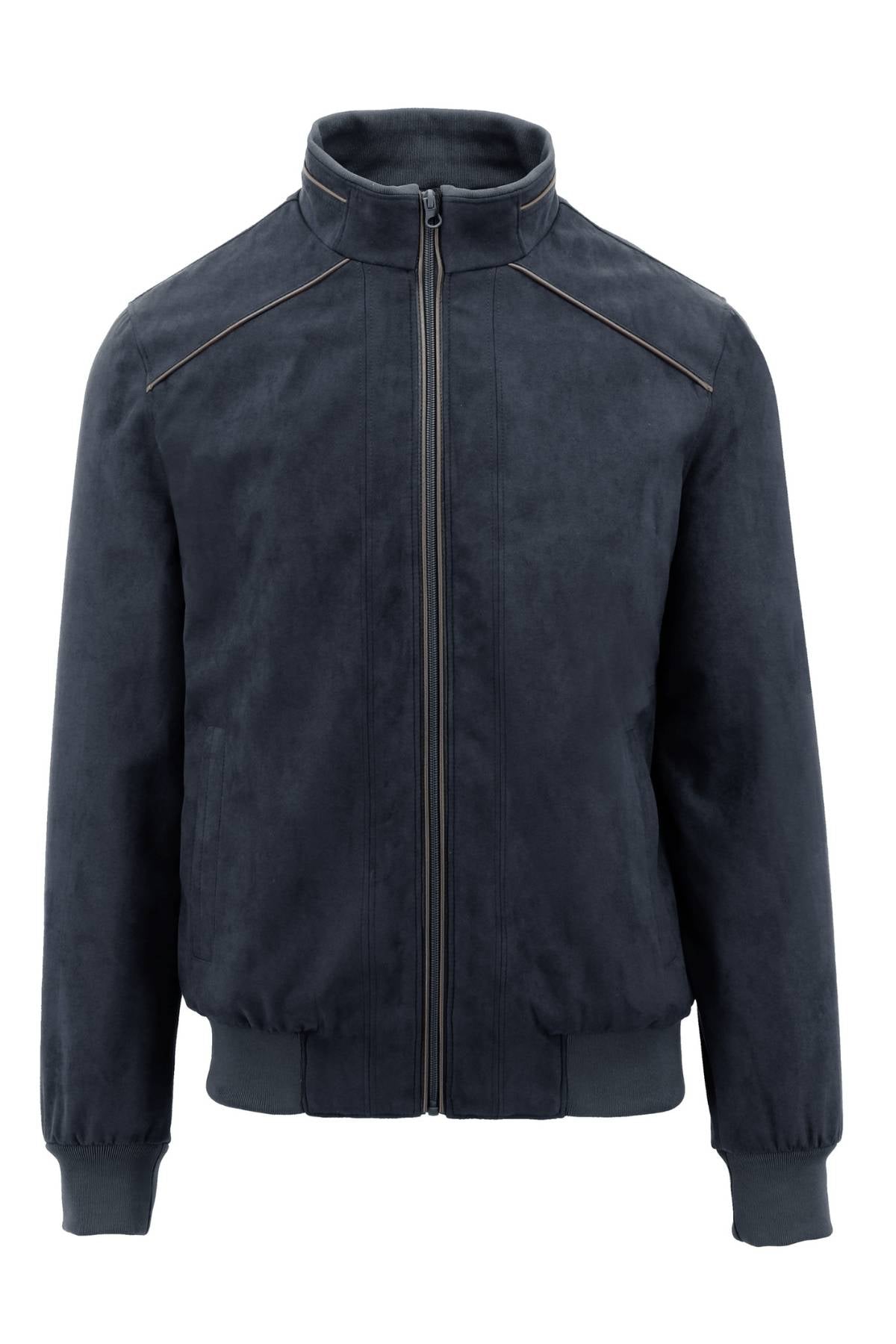 The Howard Hudson Robert Faux Suede Jacket in dark blue features a front zipper, stand-up collar, ribbed cuffs and waistband, and is shown on a white background.
