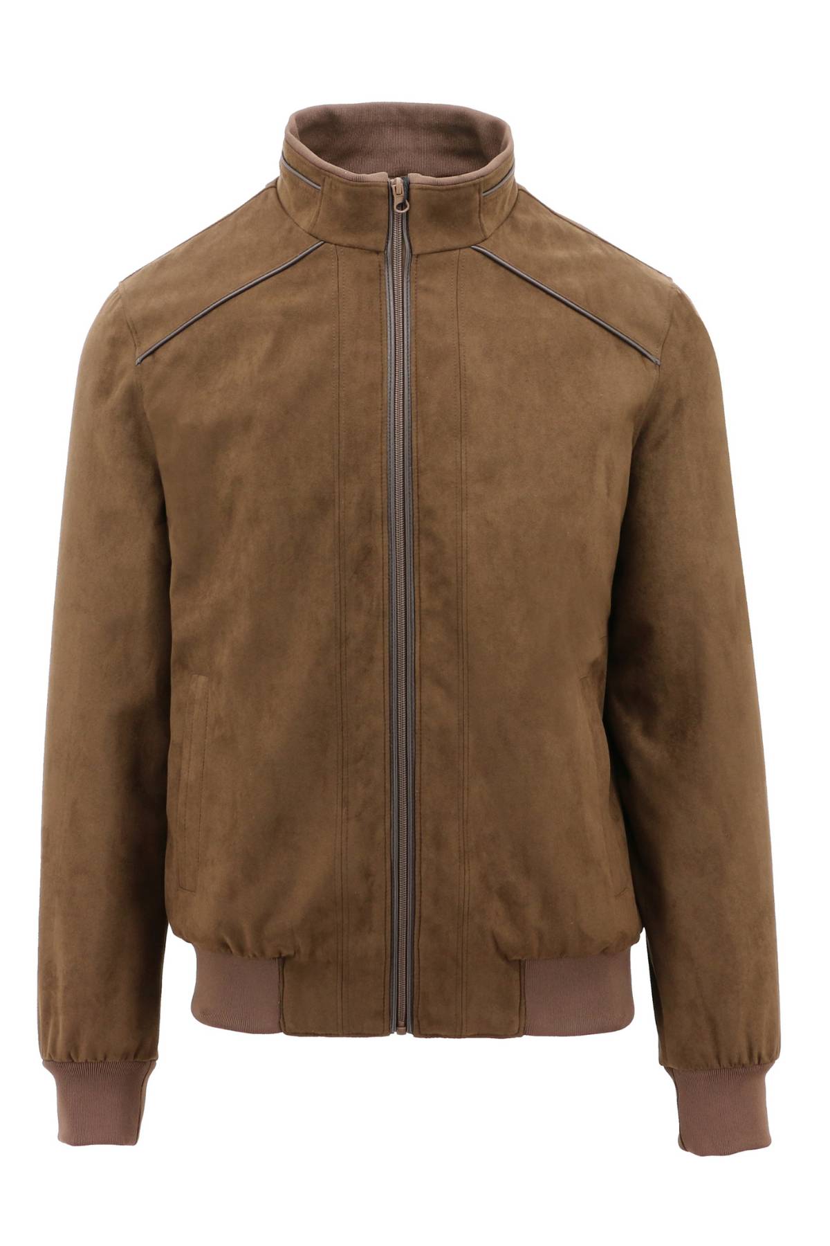 The Howard Hudson Robert Faux Suede Jacket is a stylish brown piece featuring a front zipper, ribbed cuffs and hem, and subtle shoulder piping, shown against a plain white background.