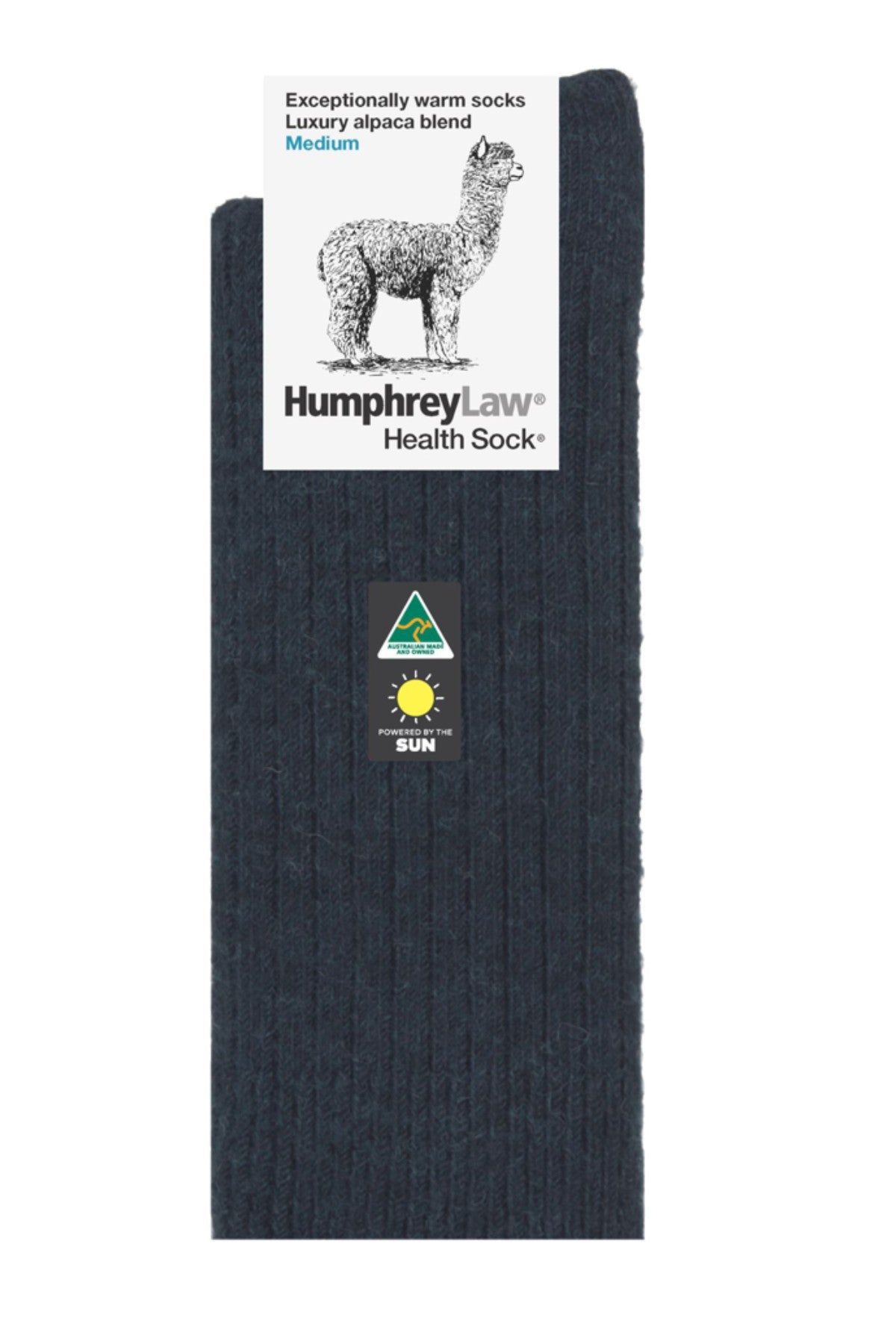 A pair of dark ribbed Humphrey Law Alpaca Wool Blend socks, labeled medium, made in Australia with an alpaca illustration, designed as warm, luxury health socks.