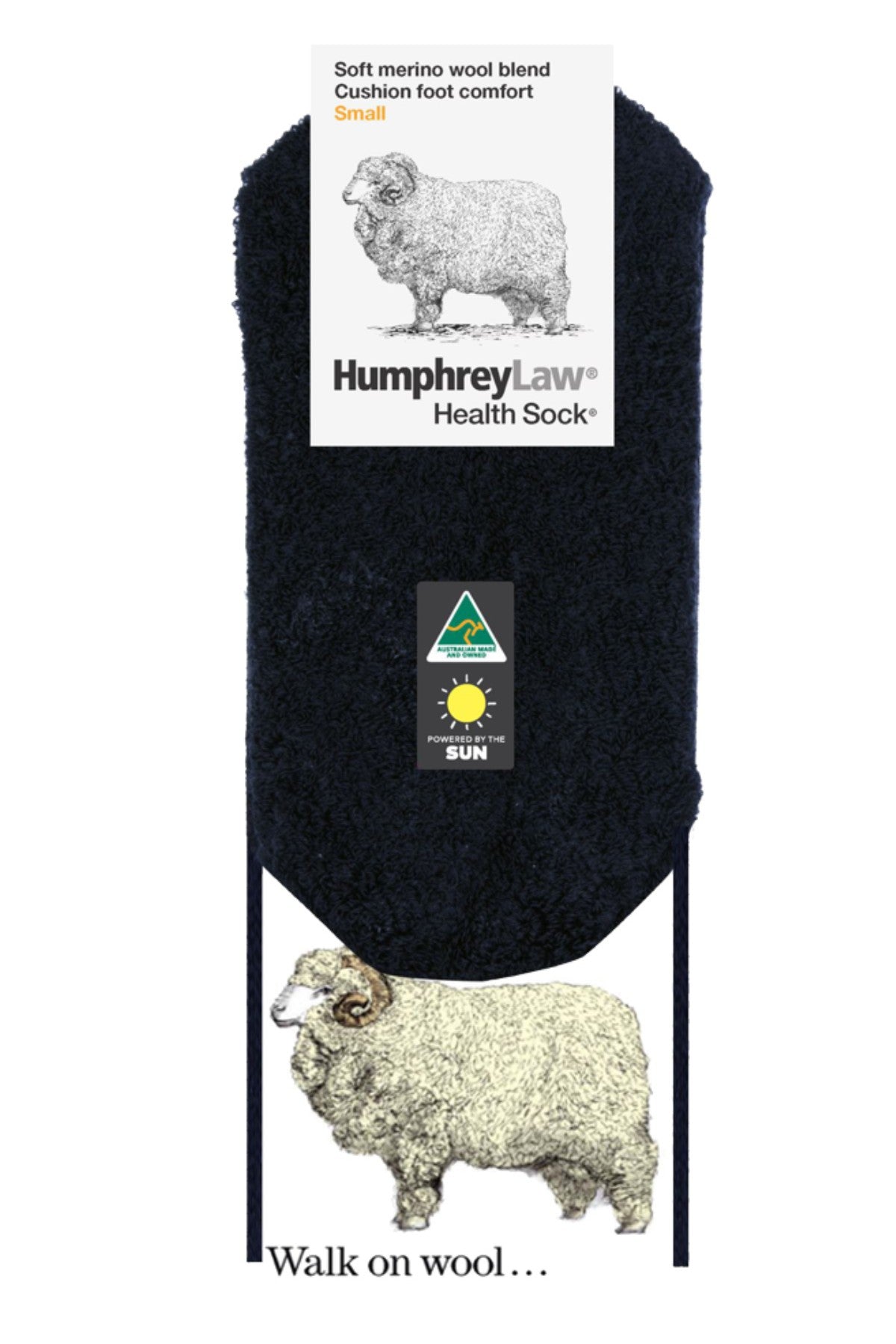 A black Humphrey Law Fine Wool Blend Cushion Sole sock made from fine merino wool with packaging featuring a sheep illustration, the brand name, and “Walk on wool...” plus another sheep image at the bottom.