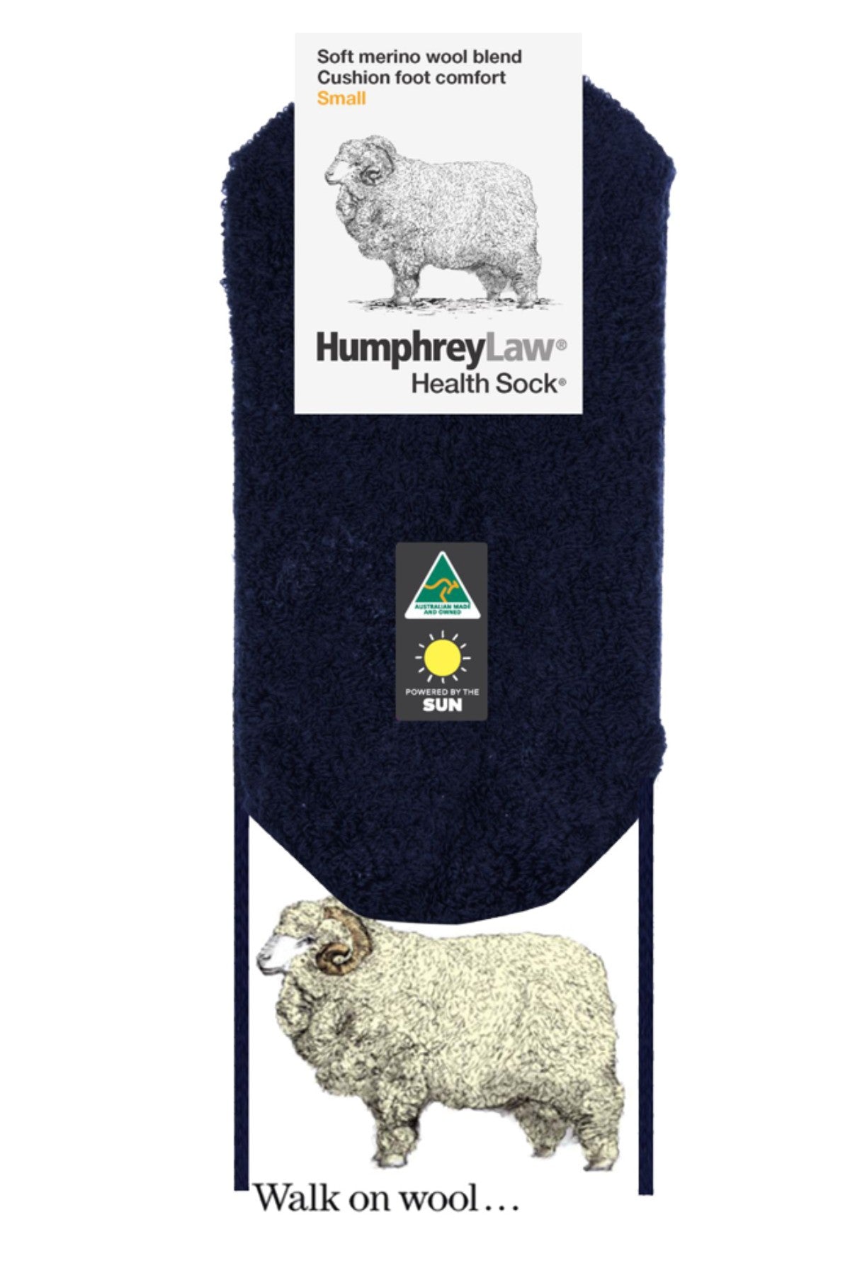 A dark blue Humphrey Law Fine Wool Blend Cushion Sole sock, made of fine merino wool with a soft elastic top, features sheep labels, "Humphrey Law Health Sock," a sun icon, "Walk on wool…," and another sheep illustration.