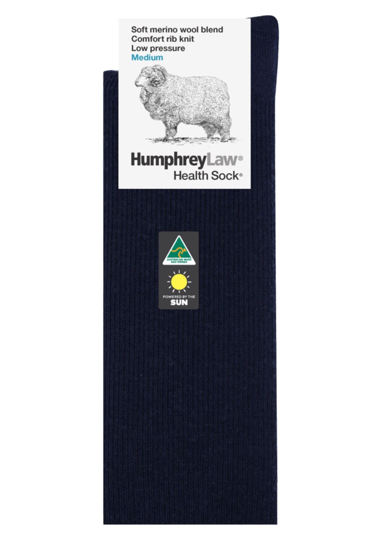 The Humphrey Law Merino Wool Sock is a dark navy, ribbed merino wool blend men’s sock with a sheep illustration label stating "Health sock, soft merino wool blend, comfort rib knit, low pressure, medium." Features the Australian Made logo.