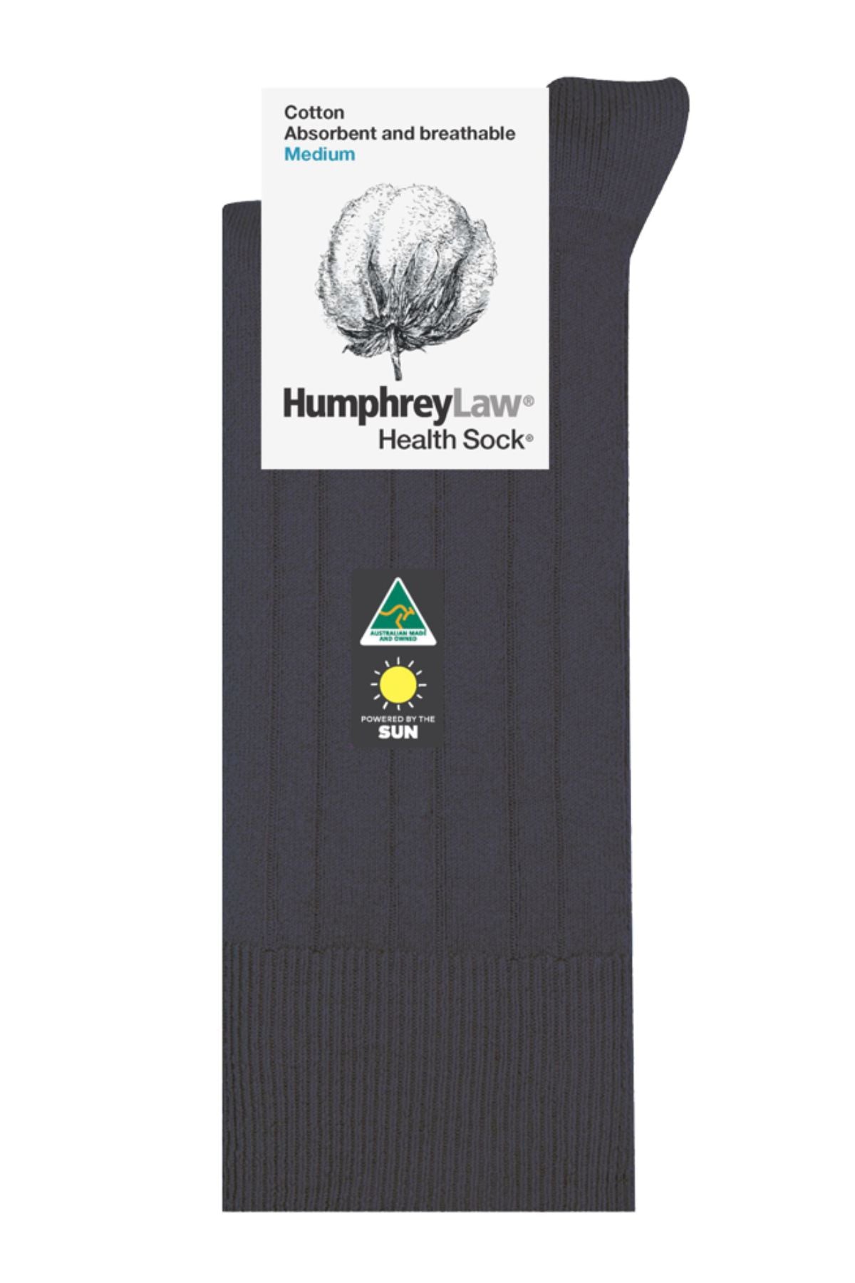 A single dark Humphrey Law Pure Cotton Sock for men, ribbed texture, mercerised for absorbency and breathability, medium size. Tags show a cotton illustration and "Made in Australia" logo.