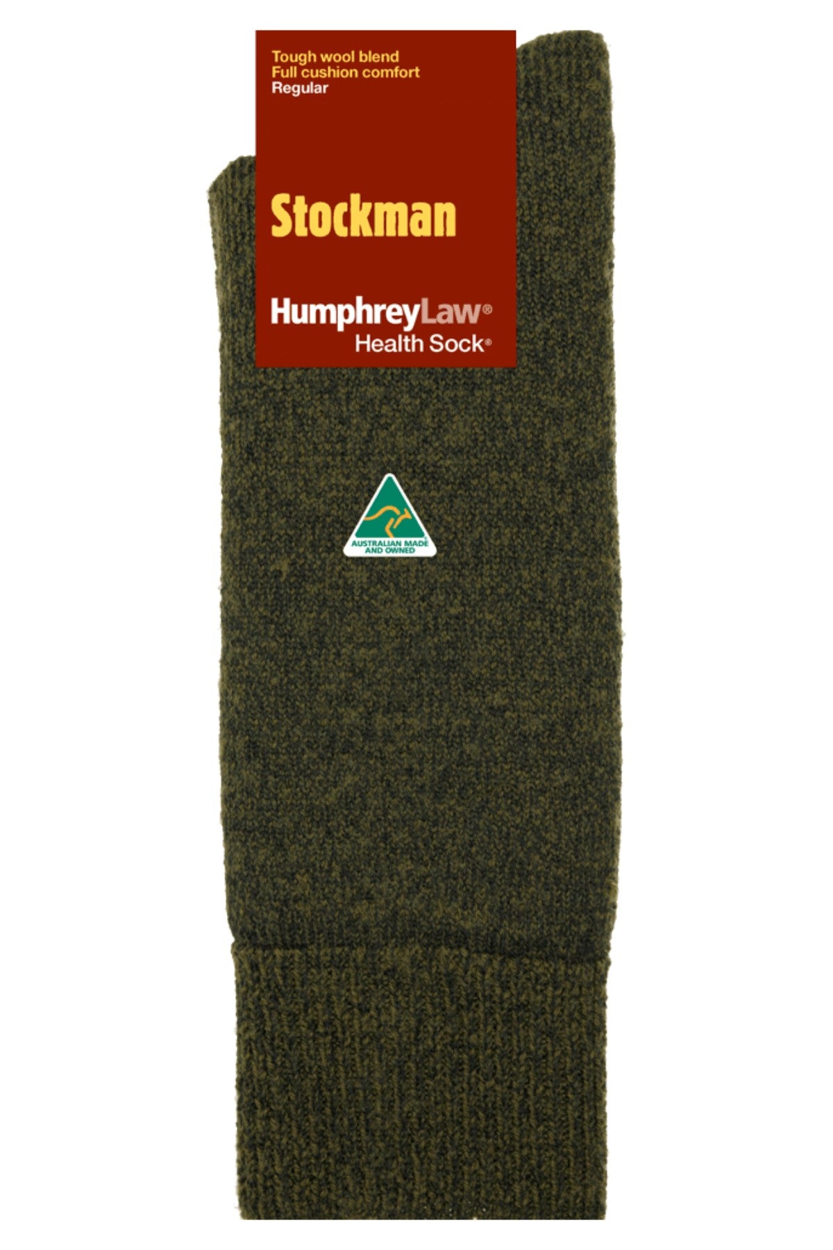 The Humphrey Law Stockman Wool Sock is a single dark green pure wool sock with "Stockman" and "Humphrey Law Health Sock" tags, displaying the Australian Made logo to highlight its durable, quality Australian craftsmanship.